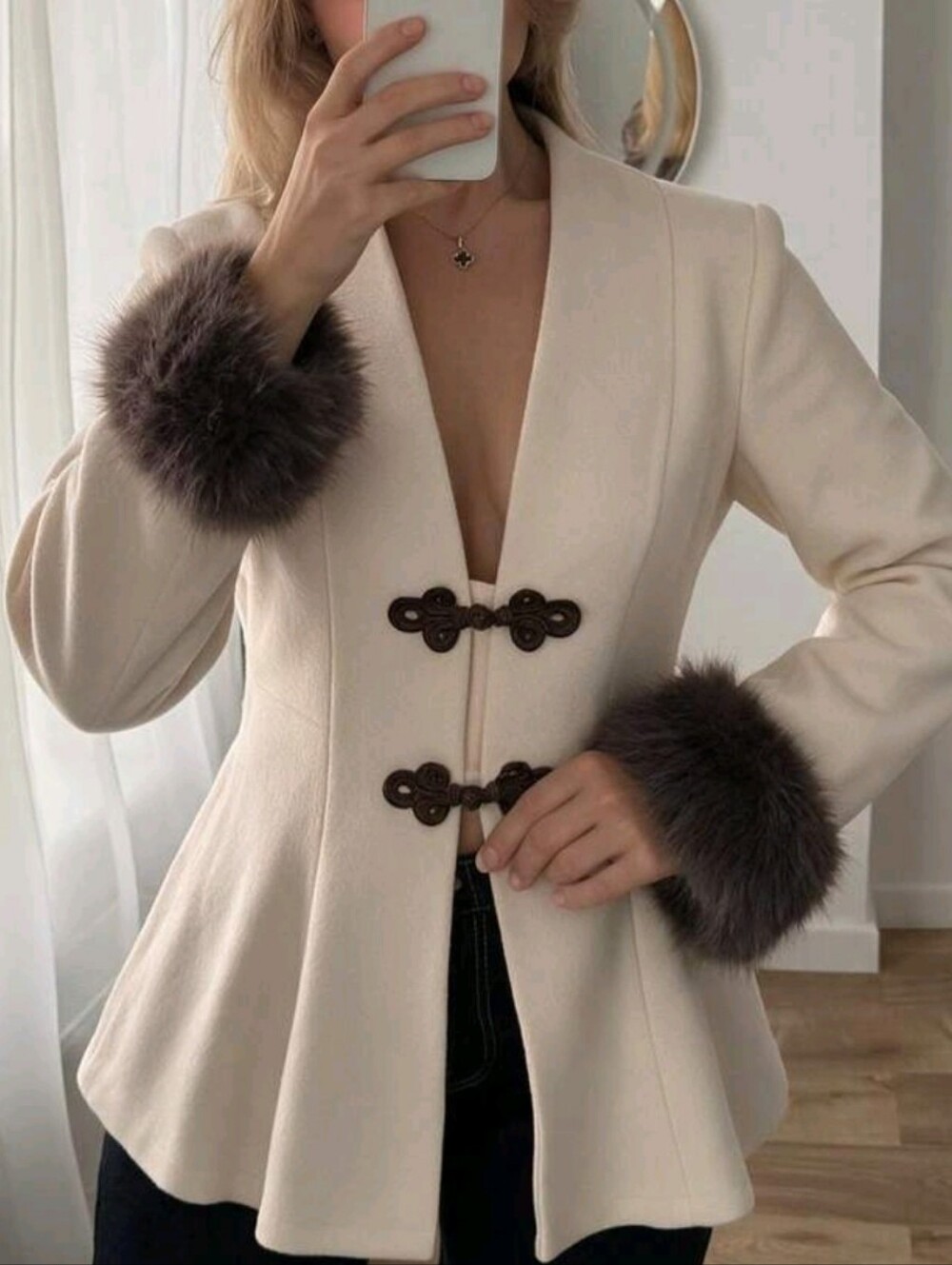 Women's Elegant Jacket With Frog Button Placket And Faux Fur Cuffs - Picture 1 of 8